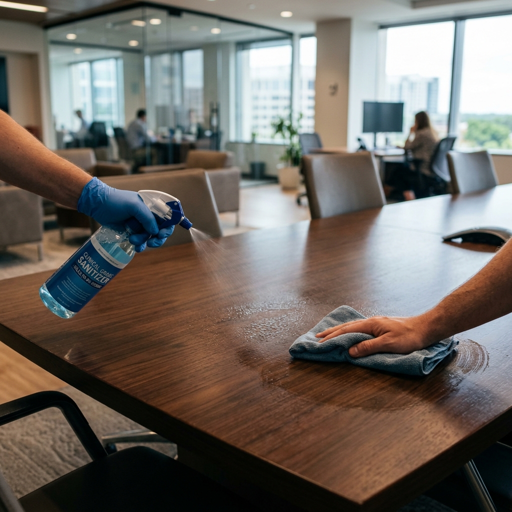 Office desk being sanitized